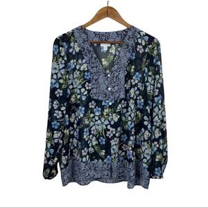 J. JILL Floral Lace Print Button Front Blouse Long Sleeve Navy Blue Large